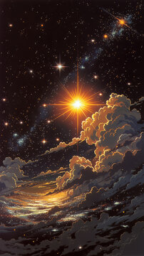 Vibrant cosmic scene, swirling galaxies and bright stars illuminating dark space, ideal for science fiction themes and exploration.