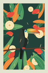 Fototapeta premium Toucan perched on branch in lush tropical jungle leaves and flowers, vector illustration 