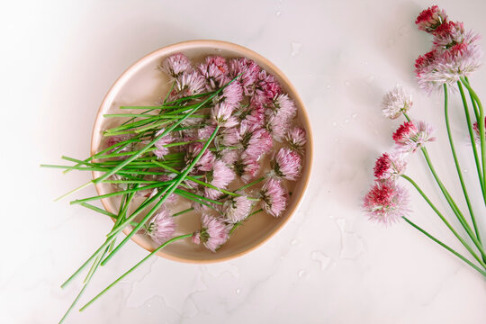 Chive flowers with green stems floating in bowl on white surface