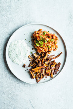 Vegetarian mushroom gyros with Greek rice and tzatziki sauce
