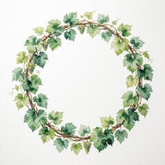 Naklejka premium Hand painted watercolor grapevine wreath with green leaves, juicy grape bunches. Circular floral frame made of vine branches, berries. Natural organic design element for wedding invitation, wine
