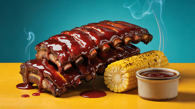 Juicy barbecue pork ribs glazed with dark sauce, served with grilled corn on the cob and a small bowl of bbq sauce, with smoke rising, against a teal and yellow background, keywords: barbecue, ribs