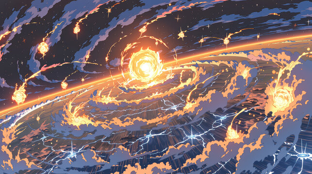 Vibrant cosmic scene, swirling galaxies and glowing stars in a vast universe, perfect for science fiction themes and exploration.