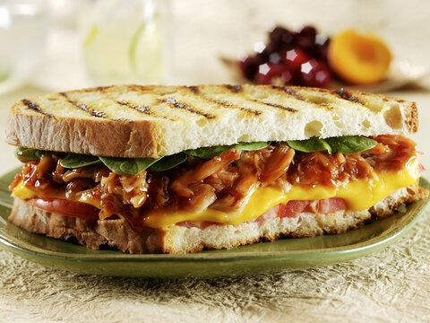 BBQ chicken and cheese panini with tomato and spinach