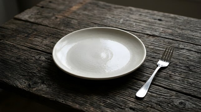 Empty ceramic white plate with shiny metal fork resting on rustic dark brown wooden table surface in soft natural lighting
