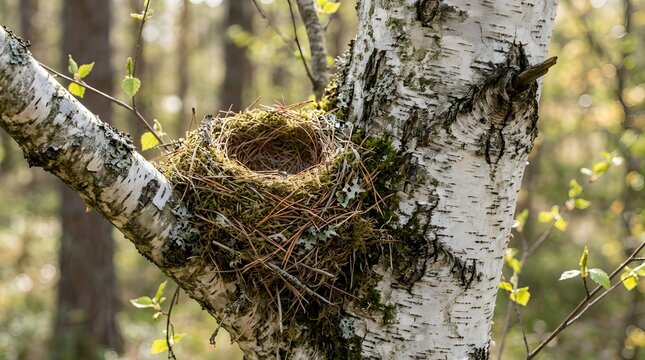 Empty bird nest built with dried twigs and green moss nestled securely on a textured birch tree branch