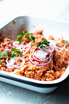 Vegan mett made from rice waffles, tomato paste, onions, and spices