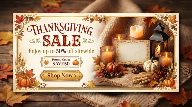 Thanksgiving sale banner with promo code save50, featuring candles, pumpkins, and fall leaves on a rustic burlap and wooden background