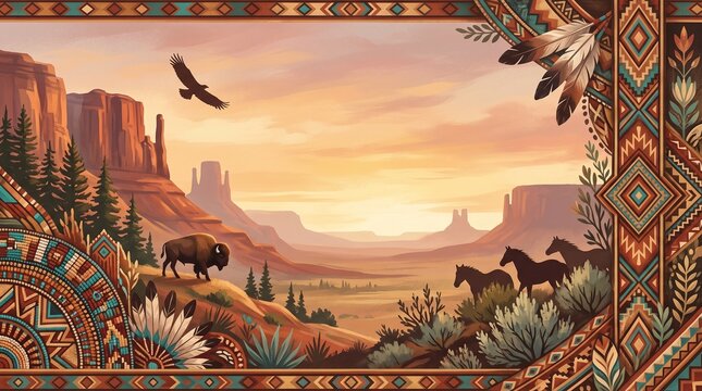 American bison and wild horses in a mountain valley at sunset with an ornate native style frame mountain american