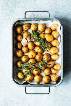 Roasted rosemary potatoes and garlic fresh from the oven