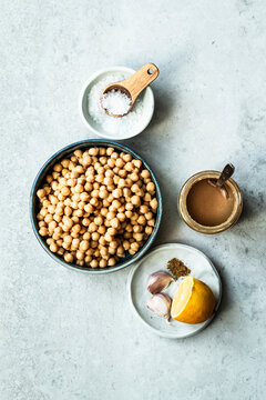 Ingredients for hummus with chickpeas and tahini