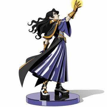 Anime style sorceress figurine vector, female mage character with magic light orb, purple and gold fantasy wizard illustration for gaming
