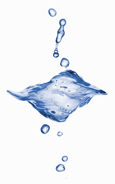 Water droplets splash with surface tension on white background
