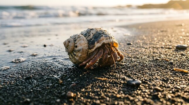 Small hermit crab walking slowly across wet dark sand near ocean waves during golden sunset light outdoors