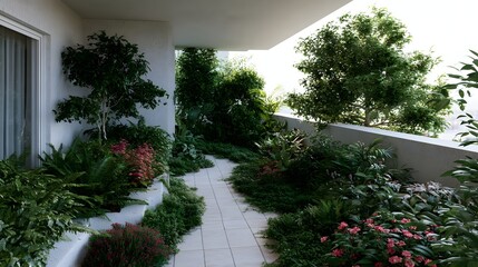 Fototapeta premium A lush balcony garden with winding stone path vibrant greenery and blooming pink flowers under bright daylight