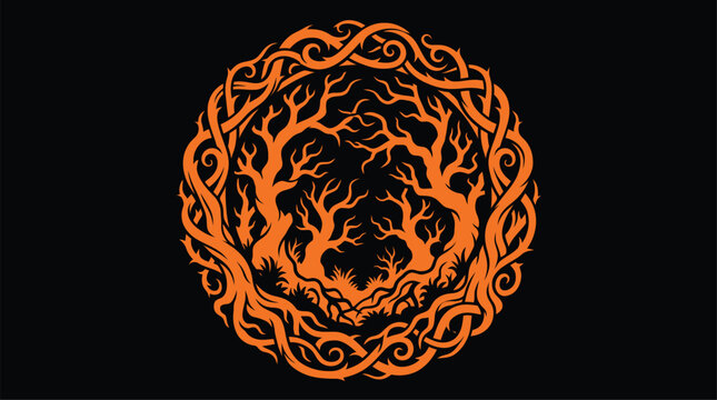 Spooky Halloween vector emblem graphic featuring intricate orange silhouetted gnarled trees and twisted thorny branches inside a decorative circular frame set against a dark black