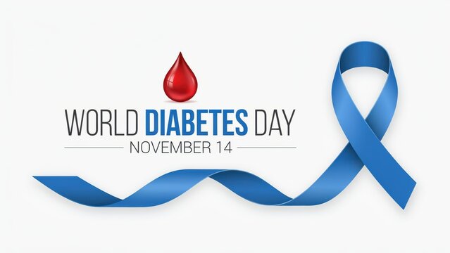 World diabetes day banner with blue ribbon and red blood drop isolated on white background