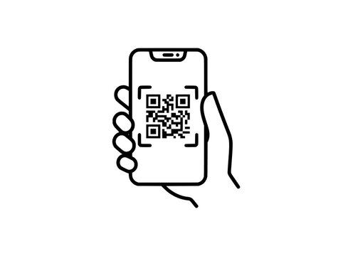 Minimalist line art of hand holding smartphone scanning QR code, mobile payment and digital identification icon, phone screen barcode scanner vector