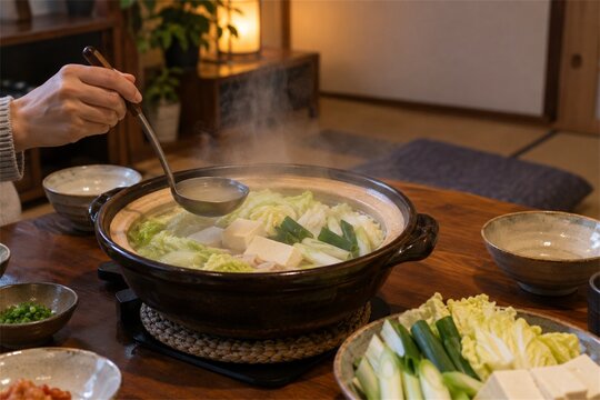 Steaming Japanese hot pot nabe on a low table with a ladle in a home dining room