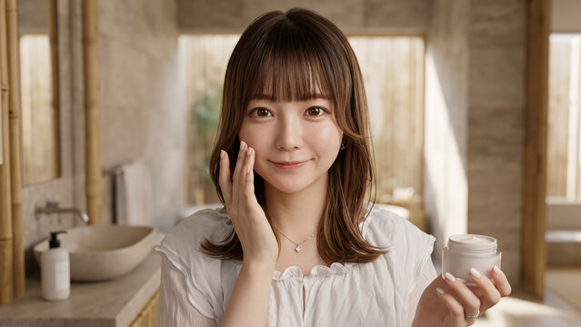 Asian woman applying moisturizer cream on her face in a bright modern bathroom, skin care routine concept