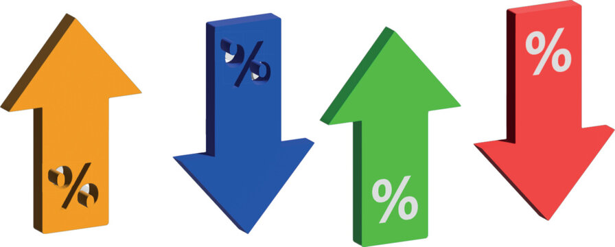 Colorful arrows pointing up and down with percentage signs isolated on white