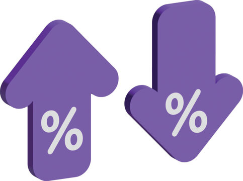 Isometric purple arrows with percentage signs representing increasing and decreasing trends