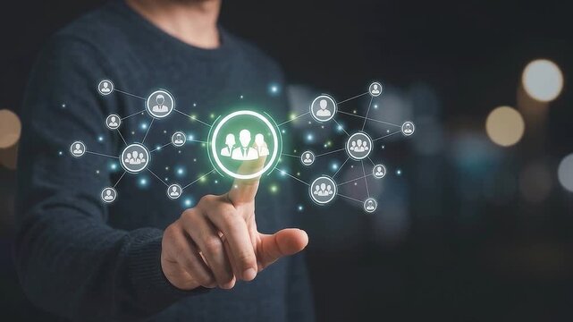 Male professional tapping illuminated digital network hub connecting multiple user icons representing corporate teamwork organizational management and remote business workforce partnership