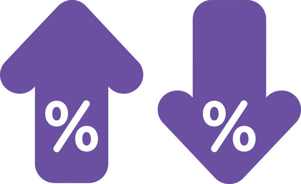 Purple up and down arrows with percent signs illustrating financial change