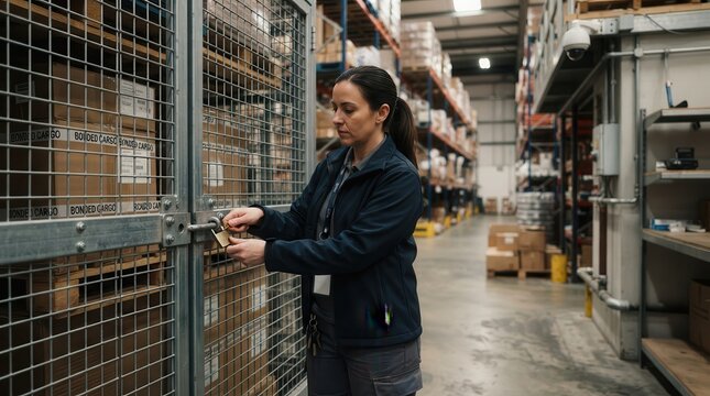 Warehouse Custodian Unlocking Bonded Cargo Cage with Heavy Padlock