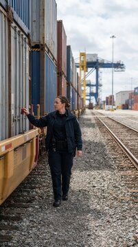 Customs Officer Checking Intermodal Containers at Railway Freight Terminal