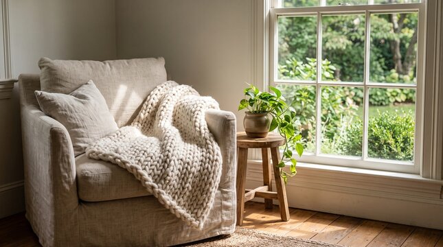 Cozy armchair with a soft knitted throw blanket next to a sunlit window.