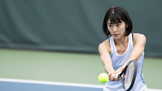 Beautiful Japanese Woman Hitting a Two-Handed Backhand in Tennis, Copy space on the left