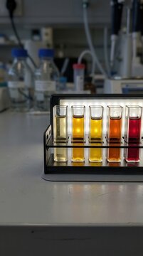 Glass Laboratory Cuvettes Displaying Spectral Chemical Solution Gradient Samples