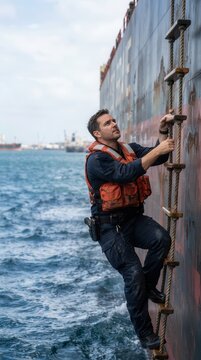 Maritime Worker Scaling Rope Pilot Ladder on Cargo Ship