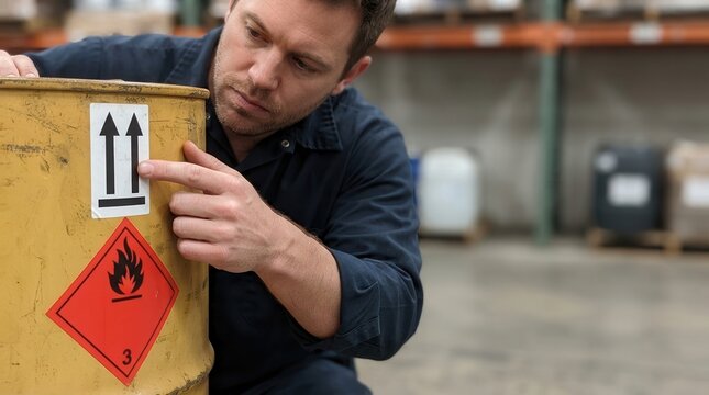 Warehouse Officer Verifying Hazard Warning Label on Chemical Drum
