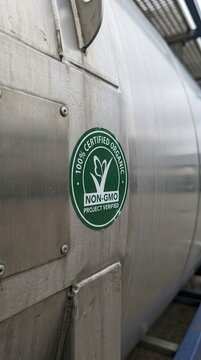 Certified Organic Emblem on Stainless Steel Beverage Storage Tank