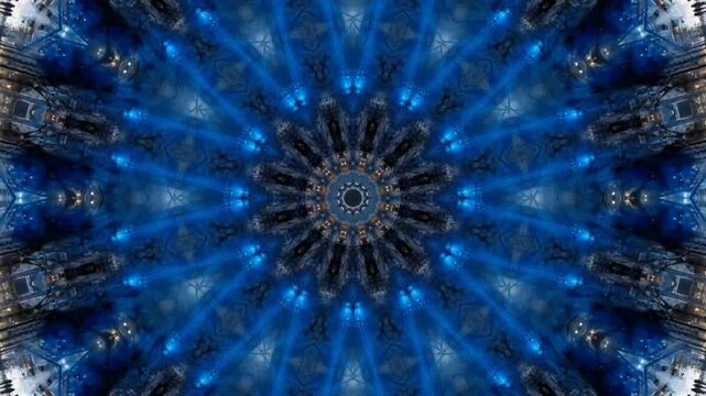 ​A seamless 4K motion loop featuring an intricate geometric mandala pattern with deep blue and white tones, ideal for dynamic backgrounds and surface design.