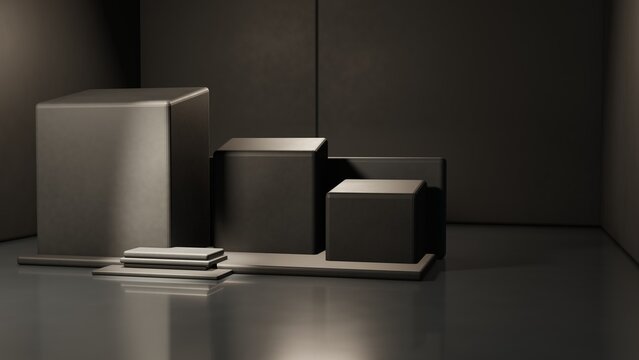 Dark taupe cube podiums of three heights with stacked slab steps on glossy reflective floor, minimal 3d render stage for luxury product display, cosmetic mockup and branding