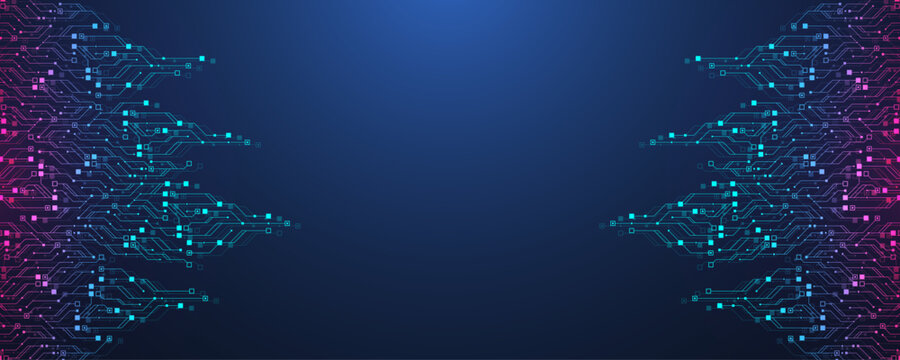 Abstract blue technology background with glowing circuit line pattern. Futuristic vector motherboard texture elements and digital data flow. Modern tech innovation concept.