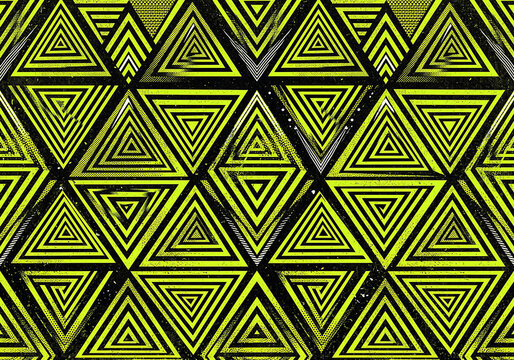 Vibrant neon geometric op art pattern with interlocking triangles for
