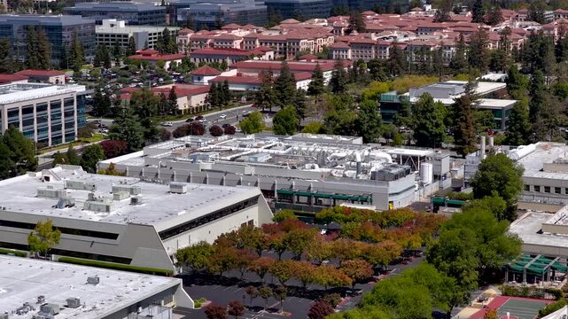 Aerial view of Silicon valley many technology company campus buildings