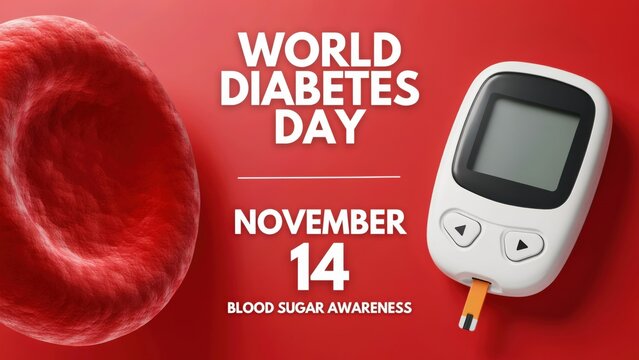 World diabetes day awareness concept with blood glucose meter and red blood cell on red background