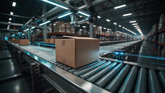 Automated robotic arm moving cardboard box on a roller conveyor belt in a modern warehouse with bright led lighting