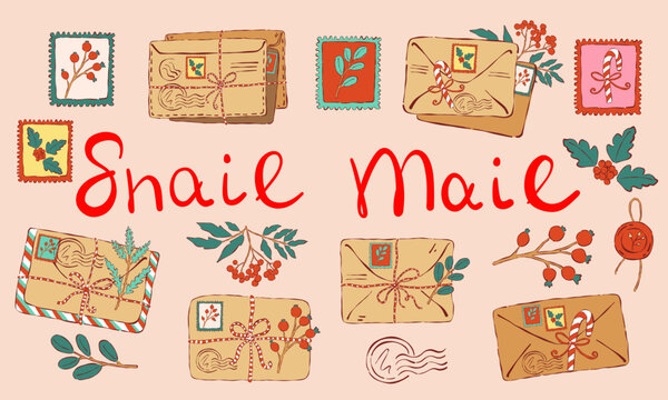 Hand drawn vintage snail mail clipart set with craft holiday envelopes, botanical postage stamps, and winter postal delivery isolated vector elements