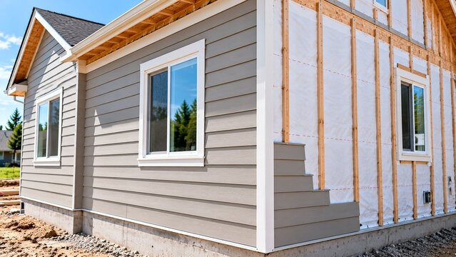 Exterior of new residential house with horizontal siding partially installed, unfinished section revealing weather barrier underneath, realistic construction progress