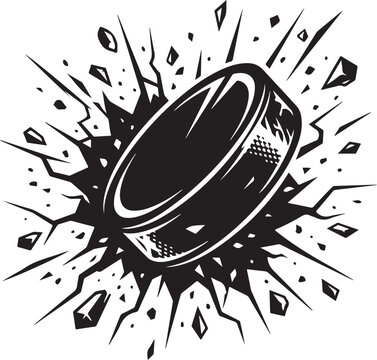Ice hockey puck smashing through surface with explosive debris, black and white vector illustration for sports branding and tournament graphics