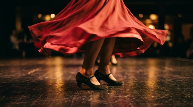 A woman in a red dress performs a dance on a wooden floor.