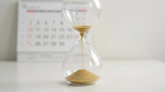 Hourglass with running sand and a blurred calendar on white desk