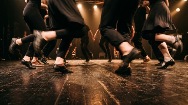 A group of dancers perform an energetic folk dance on a dark wooden stage.