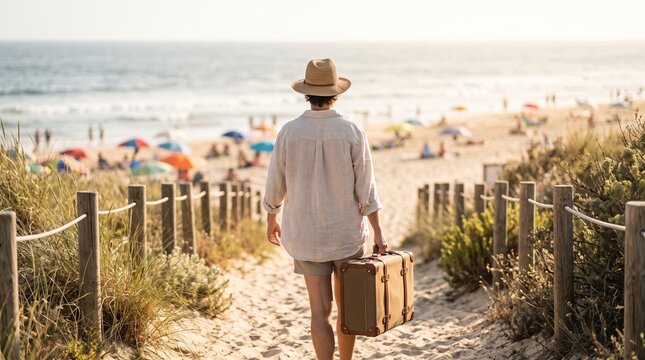 Adventurer with luggage heads to seaside paradise
